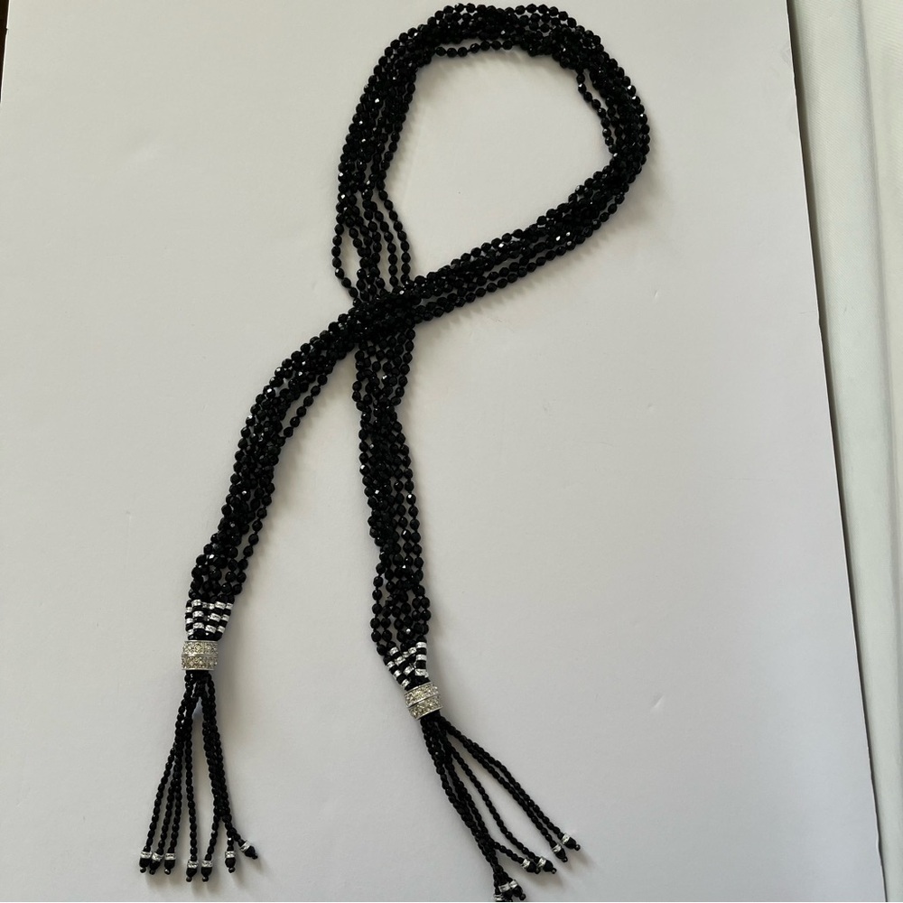 Amazing Vintage Black Beaded Multi Strap Long Tassel Necklace Art Deco Flapper
